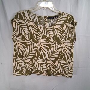 Tahari Womens Top Olive Green White Fern Pattern Medium 100 Percent Linen Button